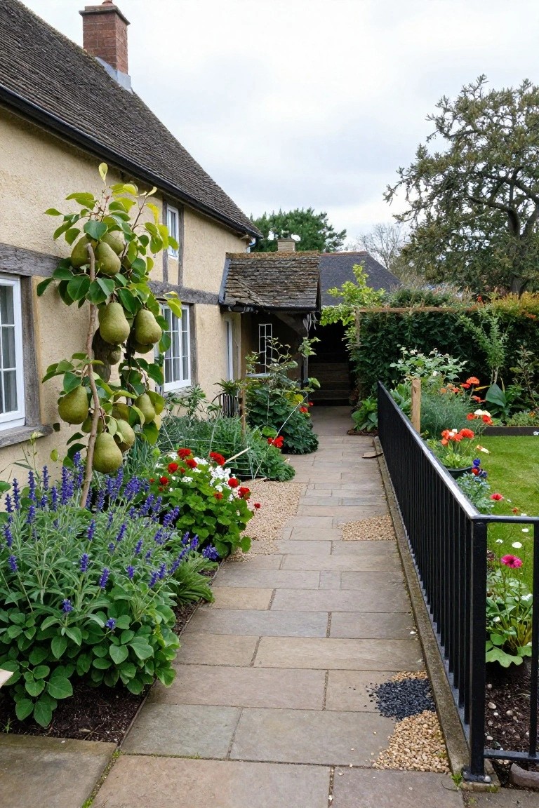 Side view of a beige Tudor cottage with an espaliered pear tree growing flat against the wall, stone path bordered by lavender, geraniums, and other flowers leading past a black metal fence to a garden area.