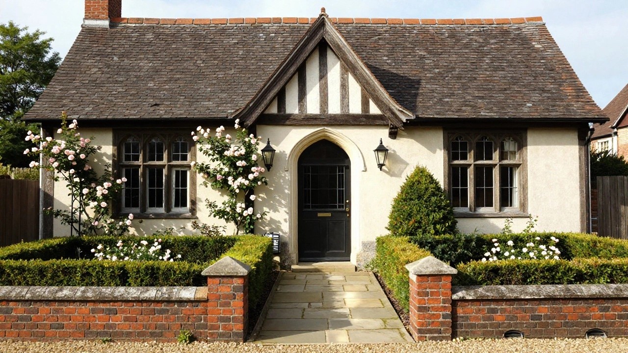 Tudor half-timbered house facade with beige plaster walls, dark wooden beams, black front door, pink climbing roses on walls, stone pathway bordered by brick piers with stone caps and low clipped green hedges, leading through a front yard with lawn and shrubs.