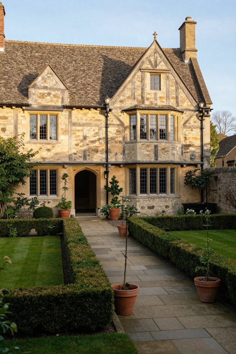 Tudor-style house built from beige stone with dark timber framing and leaded glass windows, fronted by a central stone pathway lined with terracotta pots and bordered by low boxwood hedges in raised lawn beds.