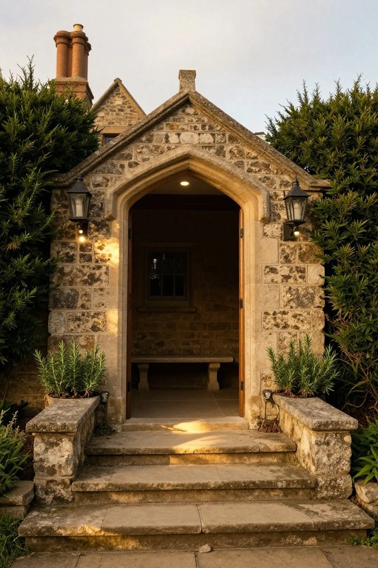 Stone arched entryway with open wooden door and small window, flanked by tall clipped evergreen hedges, stone steps leading up from a path, wall lanterns lit, potted rosemary plants on side walls, and a bench inside.