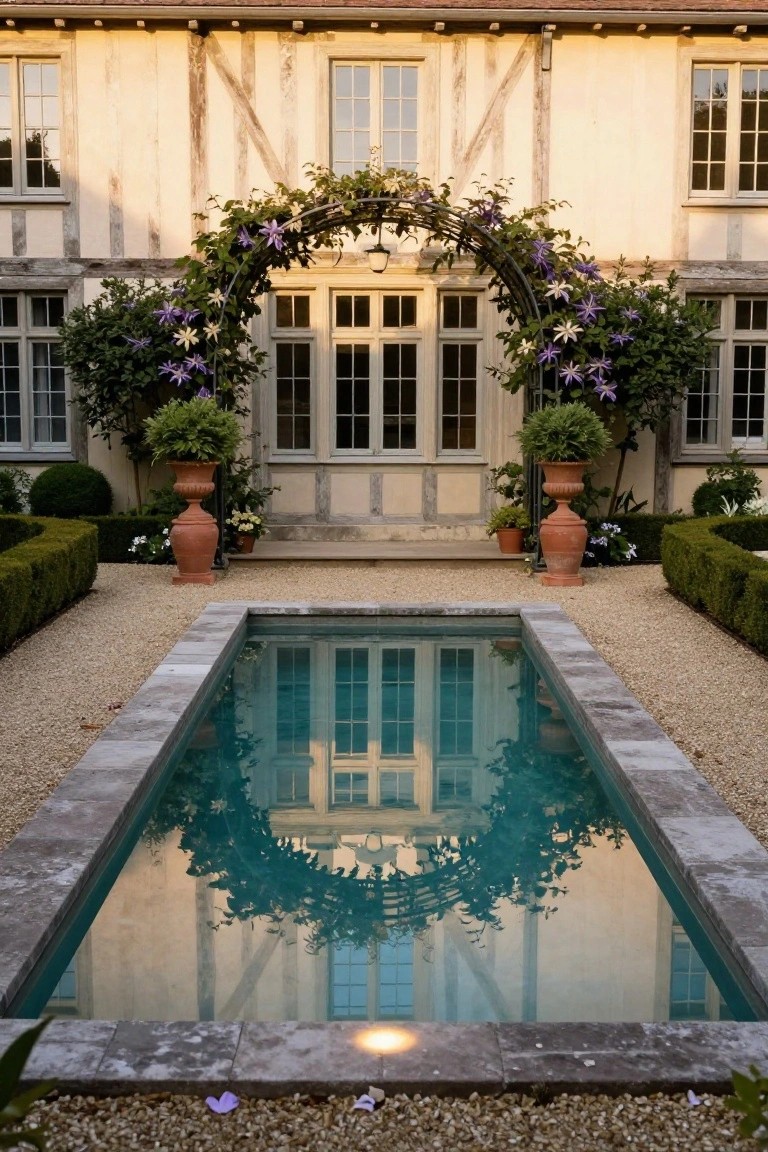 Rectangular turquoise pool in front of a beige half-timbered Tudor house, reflecting the facade, clematis-covered metal archway, potted topiaries, boxwood hedges, and terracotta urns on gravel ground.