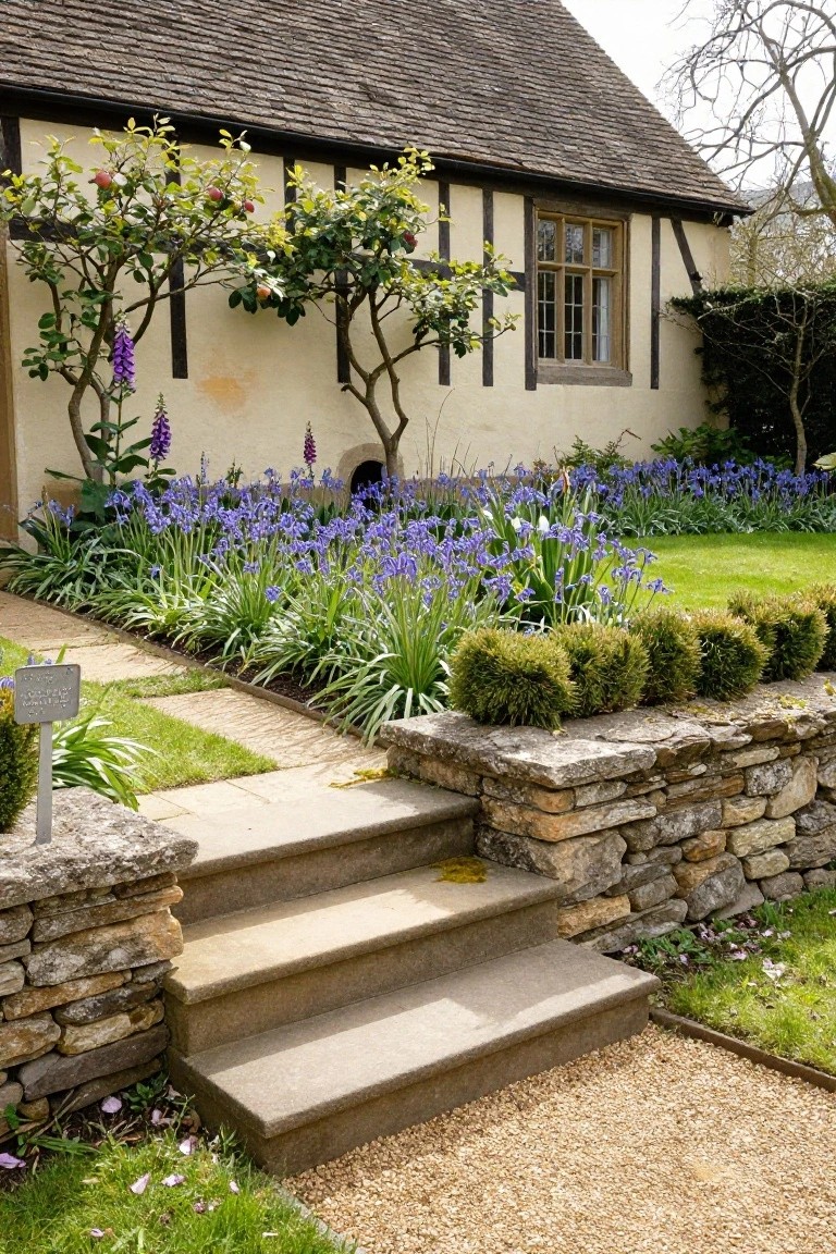 Tudor-style house exterior with beige walls, dark timber beams, and stone steps up to the entrance, bordered by beds of purple irises, foxgloves, agapanthus, boxwood topiaries on a low stone retaining wall, and a gravel path.