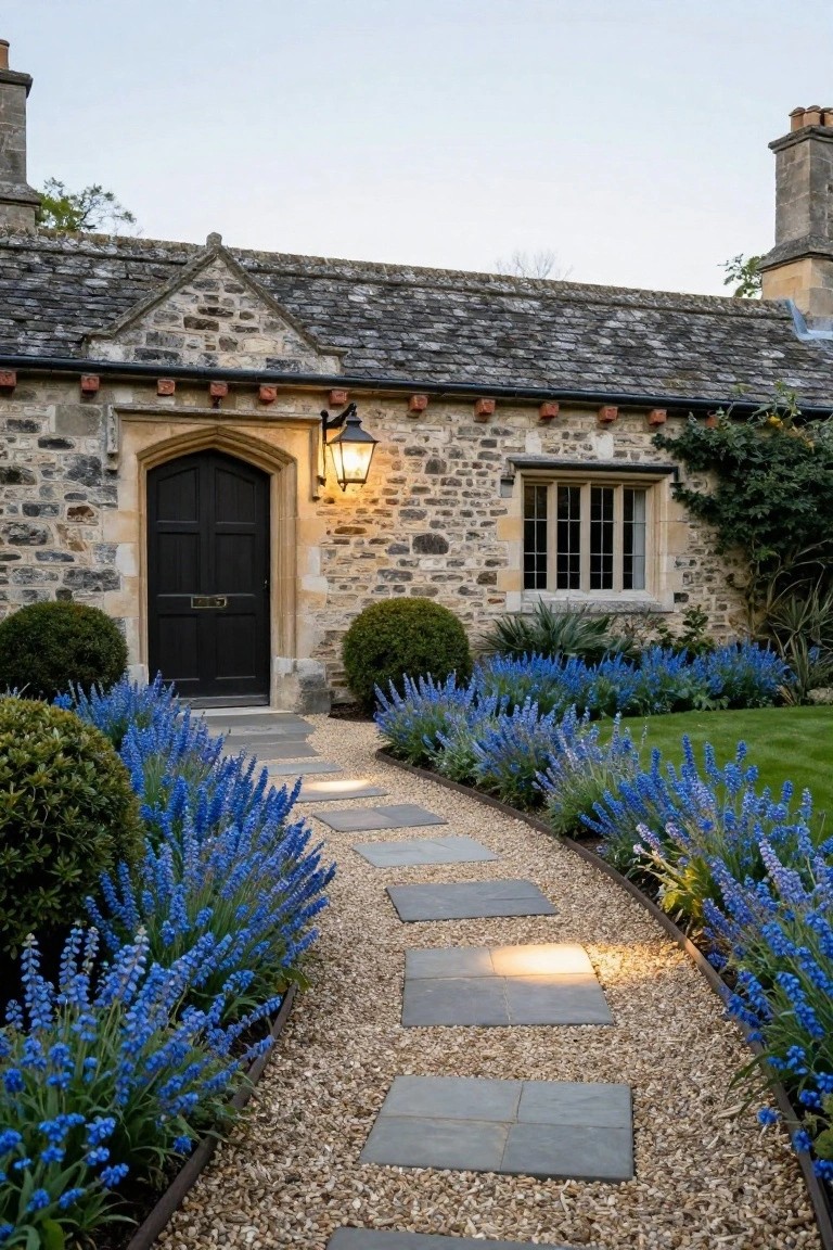 Stone Tudor cottage exterior with arched black front door illuminated by a lantern, curved gravel pathway with gray stone slabs leading to the entrance, flanked by beds of blooming blue lavender and clipped green shrubs.
