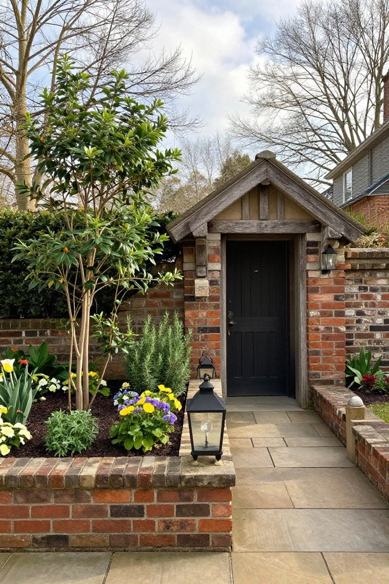Black wooden door under a gabled wooden porch on brick walls, flanked by raised brick flower beds with tulips, violas, herbs, and a stone pathway leading through a garden.