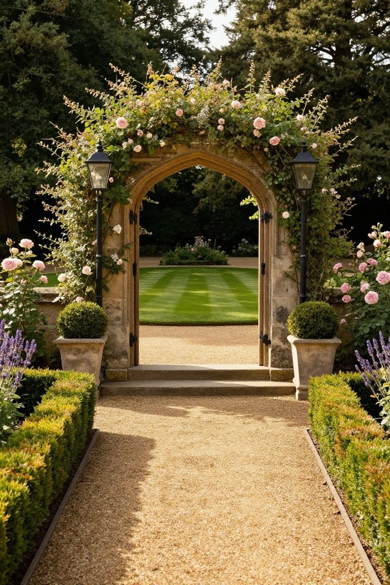 Stone arched gateway covered in pink climbing roses and greenery, flanked by boxwood topiaries in pots and lavender plants, with lanterns on posts and a gravel path leading to a striped green lawn.