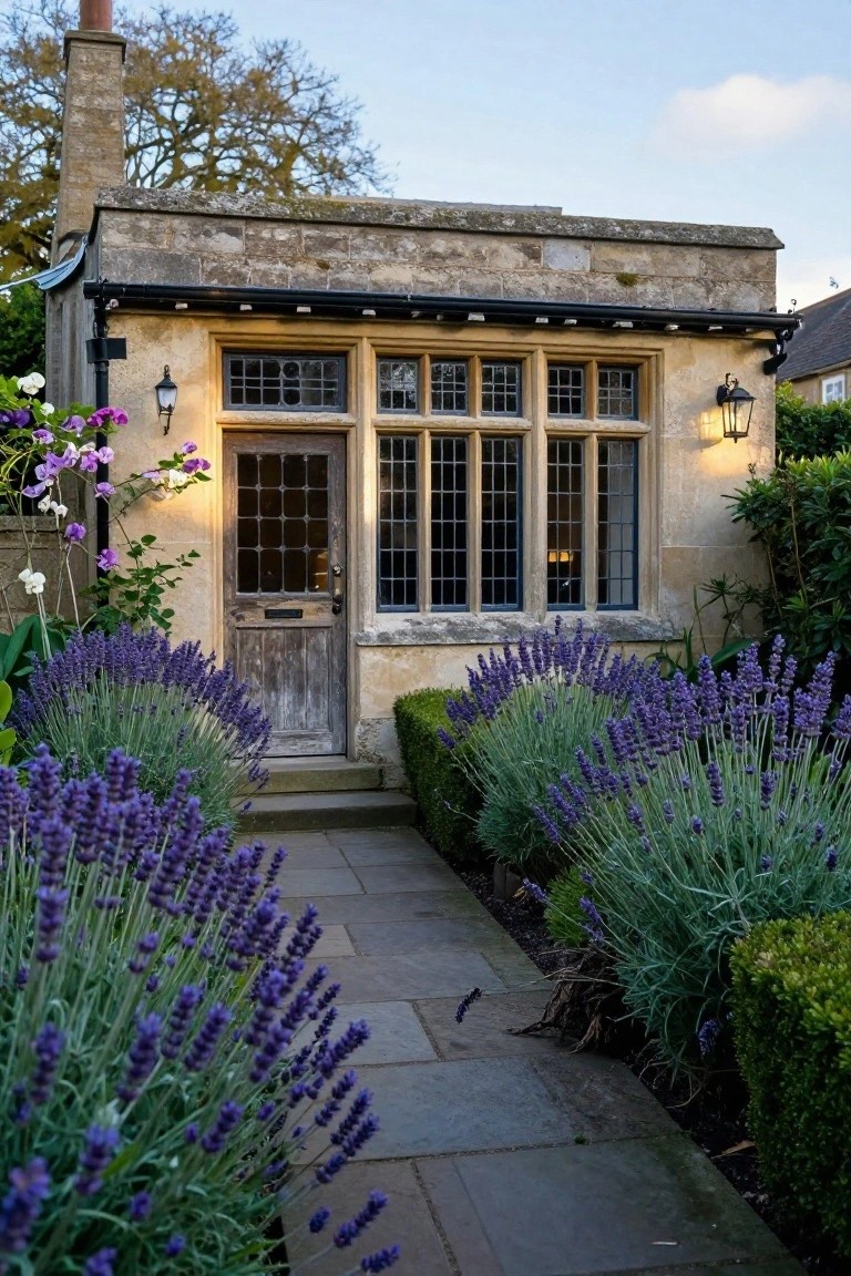Stone garden building with leaded windows and wooden door at the end of a flagstone path lined on both sides by dense purple lavender plantings and boxwood shrubs.