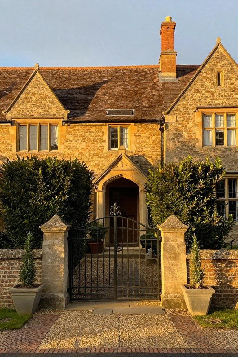 Tudor-style stone house with gabled roof and chimney, arched wooden front door, flanked by tall clipped green hedges and stone pillars supporting a black wrought iron gate, potted plants nearby, and a gravel path in front.