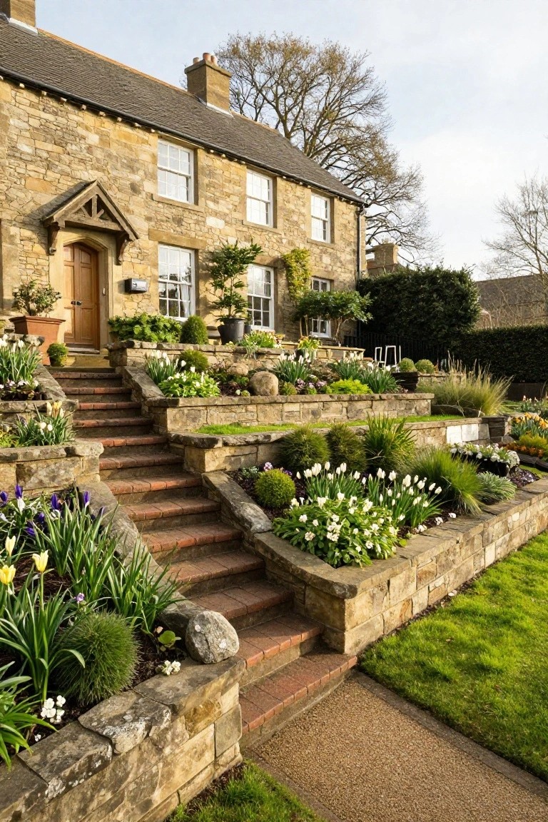 Stone Tudor-style house with terraced retaining walls planted with tulips, daffodils, shrubs, and grasses, red brick stairs leading to the front door, surrounded by a sloped garden.