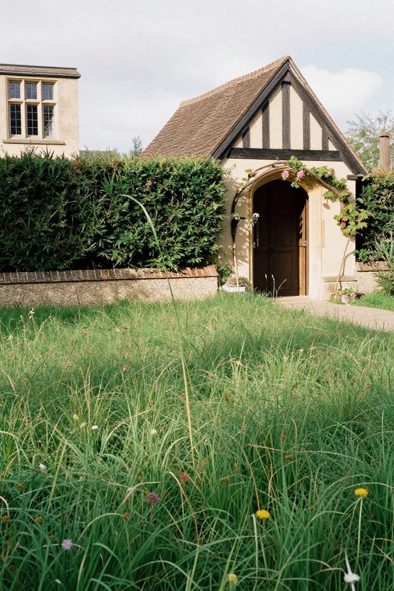 Small Tudor-style timber-framed pavilion with arched doorway and climbing roses, flanked by tall yew hedges on a brick base, approached via a path through foreground tall green grasses mixed with purple, pink, yellow, and white wildflowers.