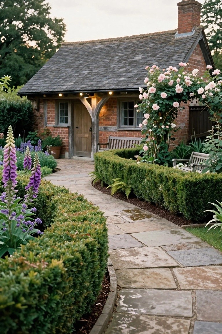Small Tudor-style brick garden house with wooden door and windows, pink climbing roses on the facade, purple foxgloves and boxwood hedges bordering a curving wet flagstone path, wooden benches, and surrounding greenery.
