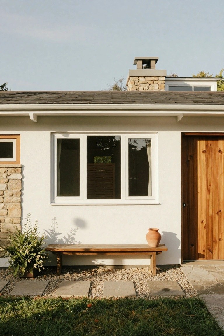 White stucco house exterior with wooden entry door, triple window, wooden bench, potted plant, terracotta pot, gravel ground, and stone path.