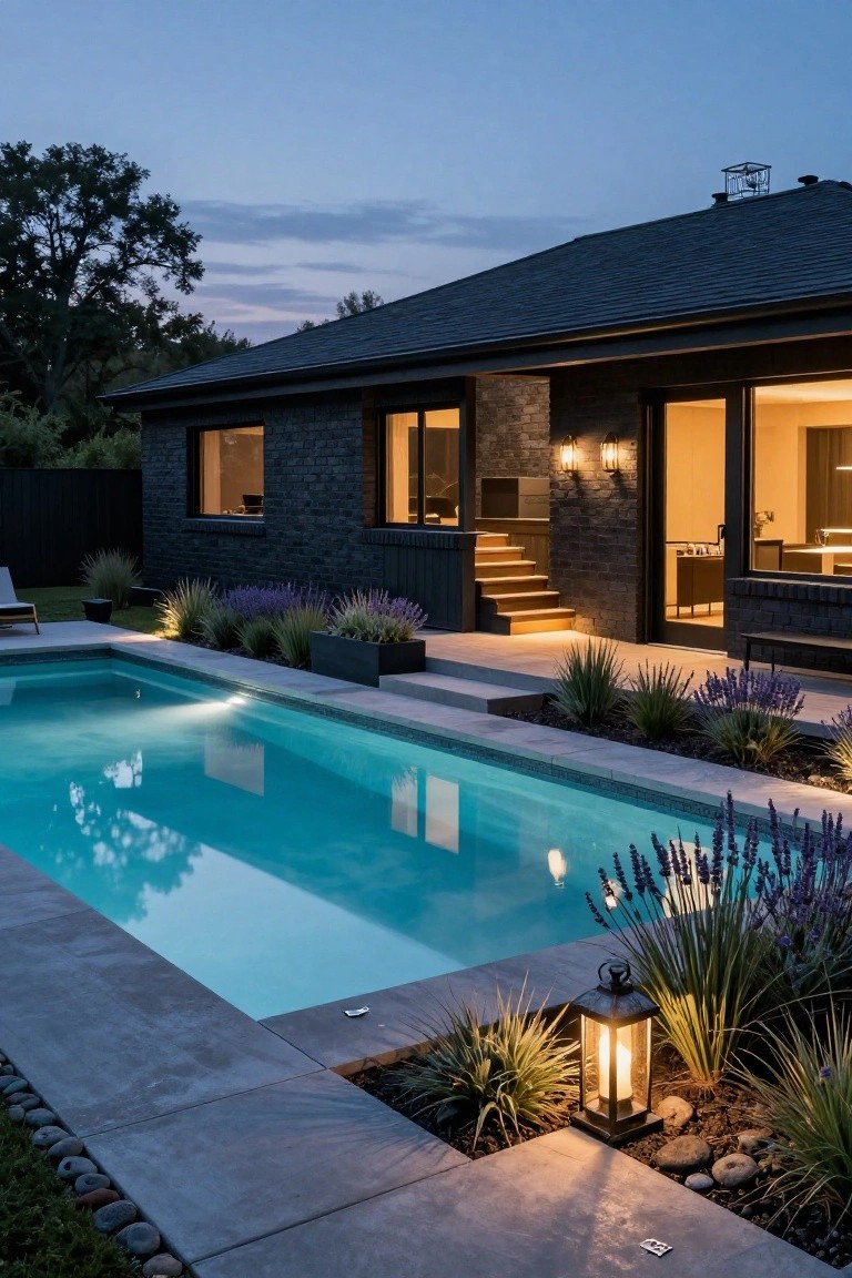 Evening view of a modern black brick house with large glass doors and windows overlooking a lit rectangular swimming pool, surrounded by concrete decking, lavender plants, grasses, a lantern light, and pebble edging.