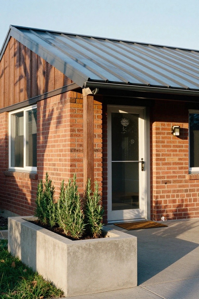 Exterior of a small house with red brick lower walls, wood shingle siding on the gable, dark standing-seam metal roof, white entry door with screen, and concrete planter of rosemary plants next to a concrete walkway.
