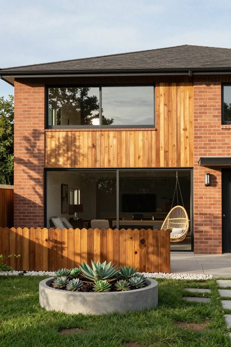 Two-story house exterior with red brick walls on the lower level, vertical light wood cladding on the upper section and side, large black-framed glass windows and sliding door, hanging rattan chair near the entry, wooden picket fence, concrete planter with agave succulents, and stepping stones in a grassy yard.