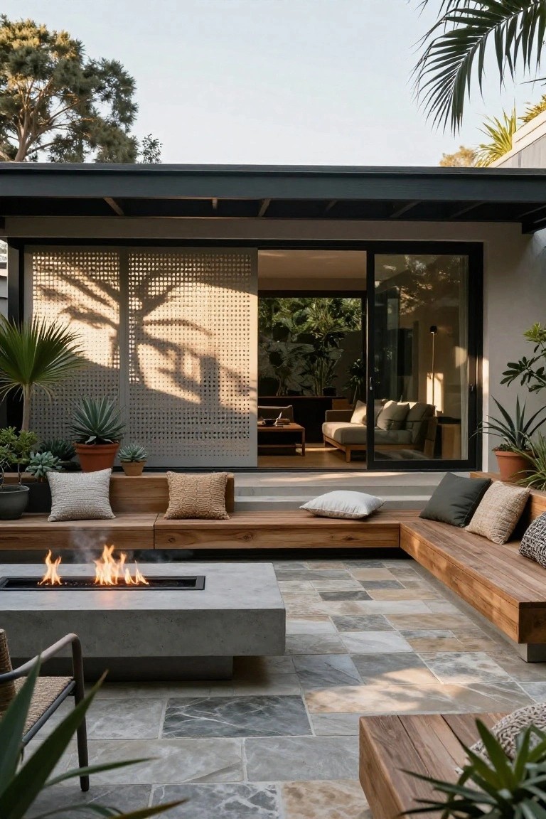 Outdoor patio with L-shaped wooden benches around a rectangular concrete fire pit table, scattered cushions, potted plants, gray tiled flooring, and large sliding glass doors opening to an indoor space with tropical greenery.