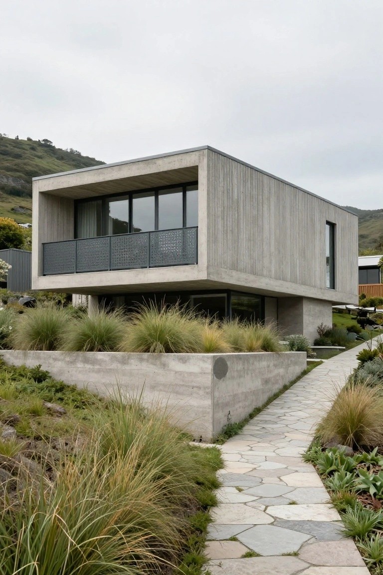 Modern gray concrete house with vertical wood cladding and large glass windows, cantilevered above a hillside with native grasses, plants, and a flagstone pathway leading to the lower level.