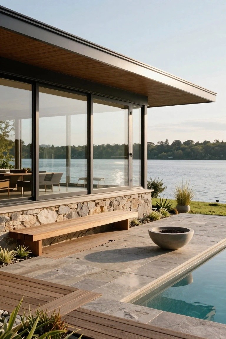 Modern house exterior featuring a cantilevered roof with wood ceiling over large glass walls facing a lake, stone base wall, wooden bench, potted plants, fire bowl, and edge of a pool on a tiled terrace.