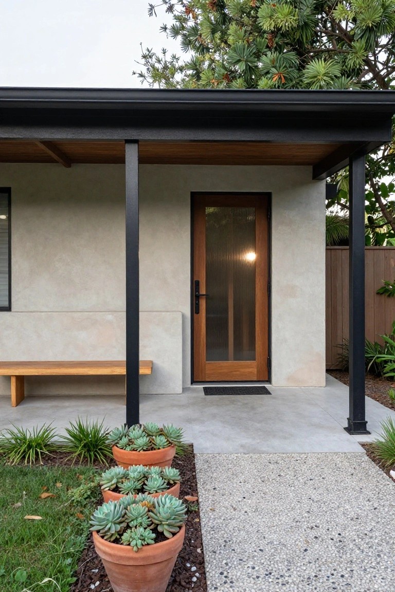 House exterior with covered porch on black metal posts, wooden bench against stucco wall, frosted glass front door, doormat, and terracotta pots of succulents beside gravel path.