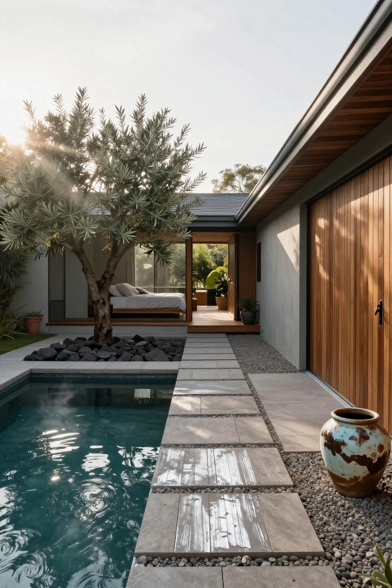 Modern courtyard with narrow turquoise plunge pool against gray stucco house wall, olive tree surrounded by black rocks, light gray stone slab pathway, wooden slat garage door, and glass bedroom interior visible.