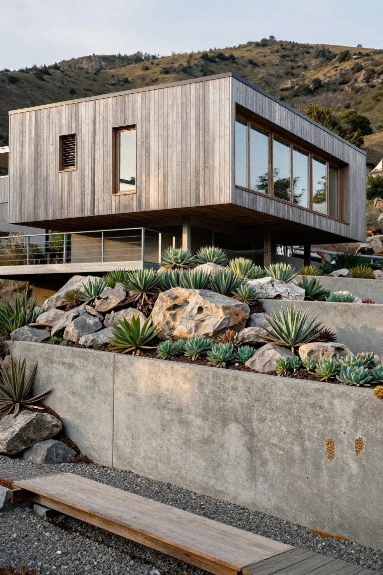 Modern rectangular house clad in vertical wood planks elevated on metal supports above a sloped site with large boulders, agave plants, succulents in concrete retaining walls, and a wooden bench on gravel path.