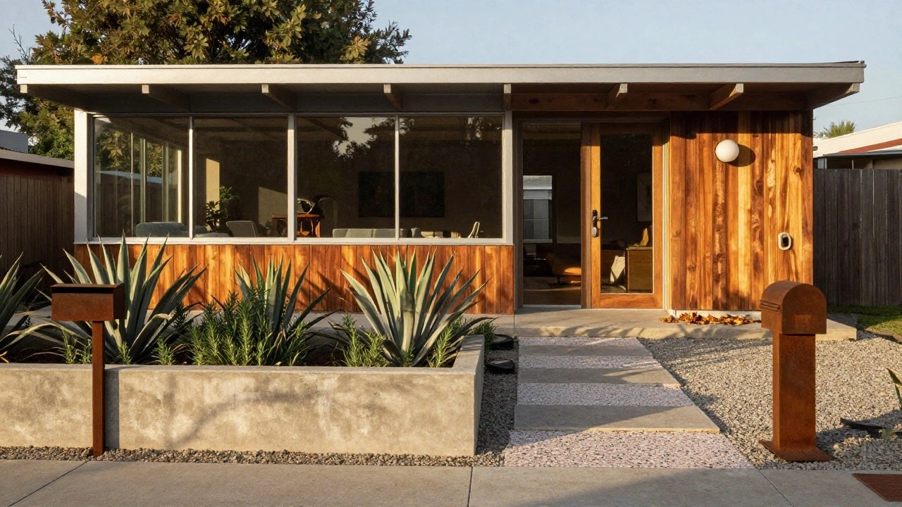 Mid-century modern house exterior with dark vertical wood cladding, tall light wooden entry door, large reflective glass wall, agave plants, rusty metal mailbox, concrete walkway, and gravel ground cover.
