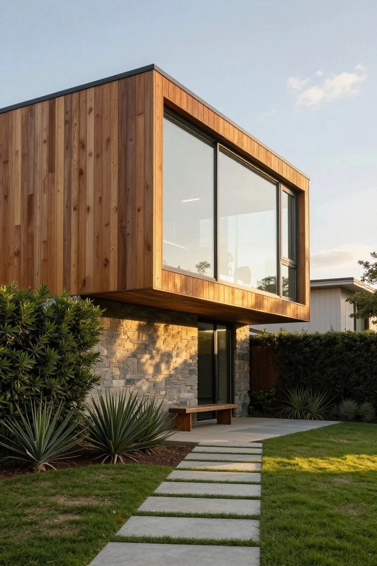Modern wooden house with stone base and large glass windows.