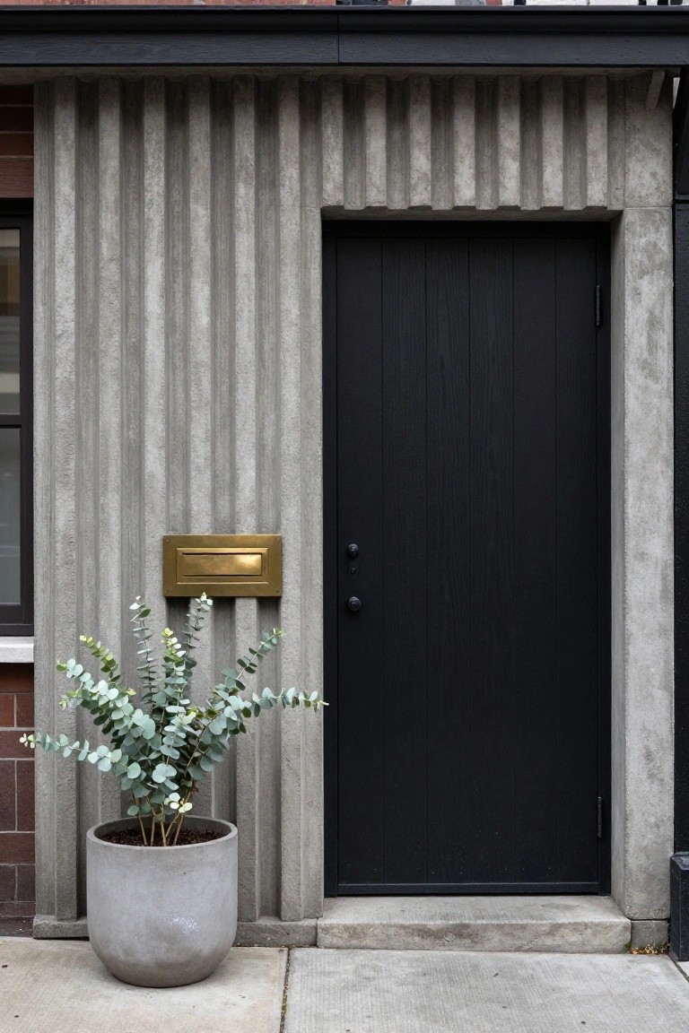 Close view of a house entry featuring vertical ribbed gray concrete walls, black paneled wooden front door with brass knocker and letterbox, and a large gray pot of eucalyptus plant on the concrete step.