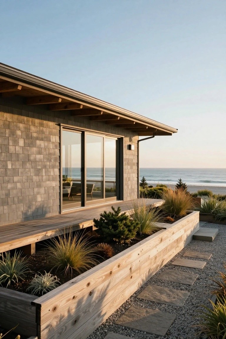 Side view of a modern beach house with gray shingle siding, large sliding glass doors overlooking the ocean and beach, wooden deck with raised planters containing grasses and shrubs, and stone paver path leading to it.
