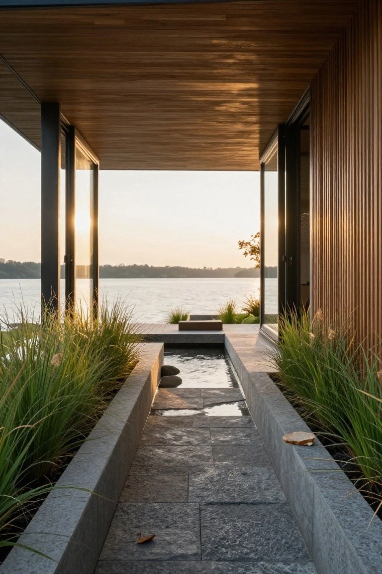 Narrow stone pathway under a wooden covered structure, flanked by tall ornamental grasses in concrete beds and a shallow linear water channel with rocks, leading toward a lake at sunset.
