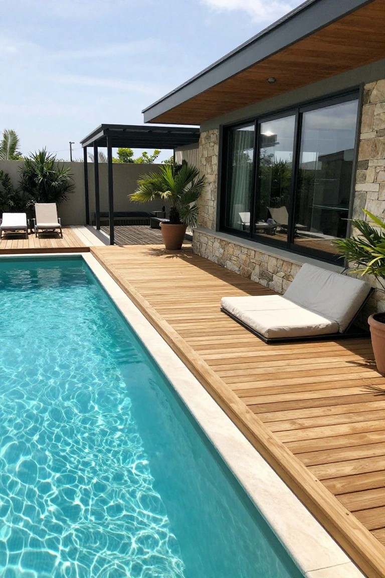 Side view of a modern house with beige stone-clad walls, large black-framed sliding glass windows and doors, wooden roof overhang and deck running alongside a rectangular pool with clear blue water, potted plants, palm trees, lounge chairs, and a low daybed on the deck.