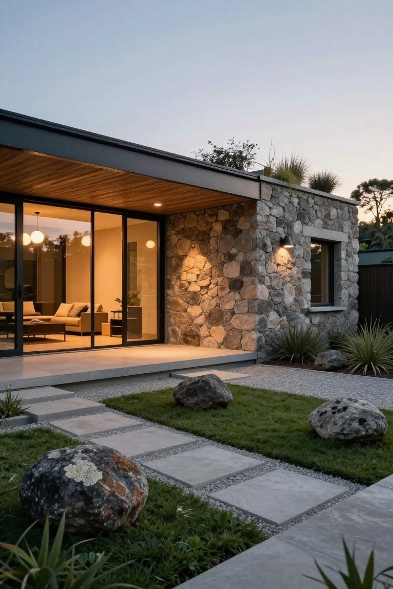 Modern house exterior at dusk with textured stone walls, wooden ceiling and overhang over large glass sliding doors, lit interior visible inside, concrete steps leading to gravel path with boulders, grasses, and agave plants in the front yard.