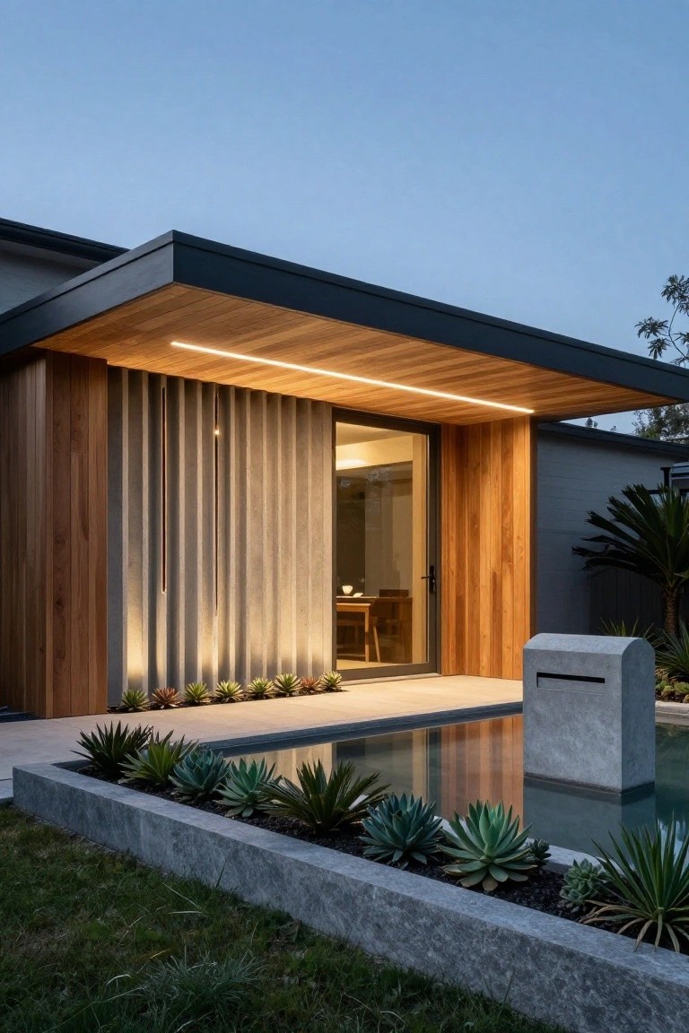 Dusk view of modern house exterior with black-framed overhanging roof over timber ceiling with LED strip lighting, concrete slatted screen beside glass entry door, wood cladding, stone mailbox and pool edge lined with agave plants.