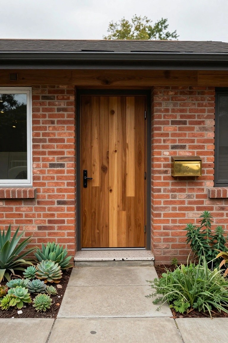 Front view of a mid-century modern house exterior with a vertical slat wooden entry door in warm tones set into red brick walls, flanked by windows, a brass mailbox, and low succulent plantings along the concrete path.