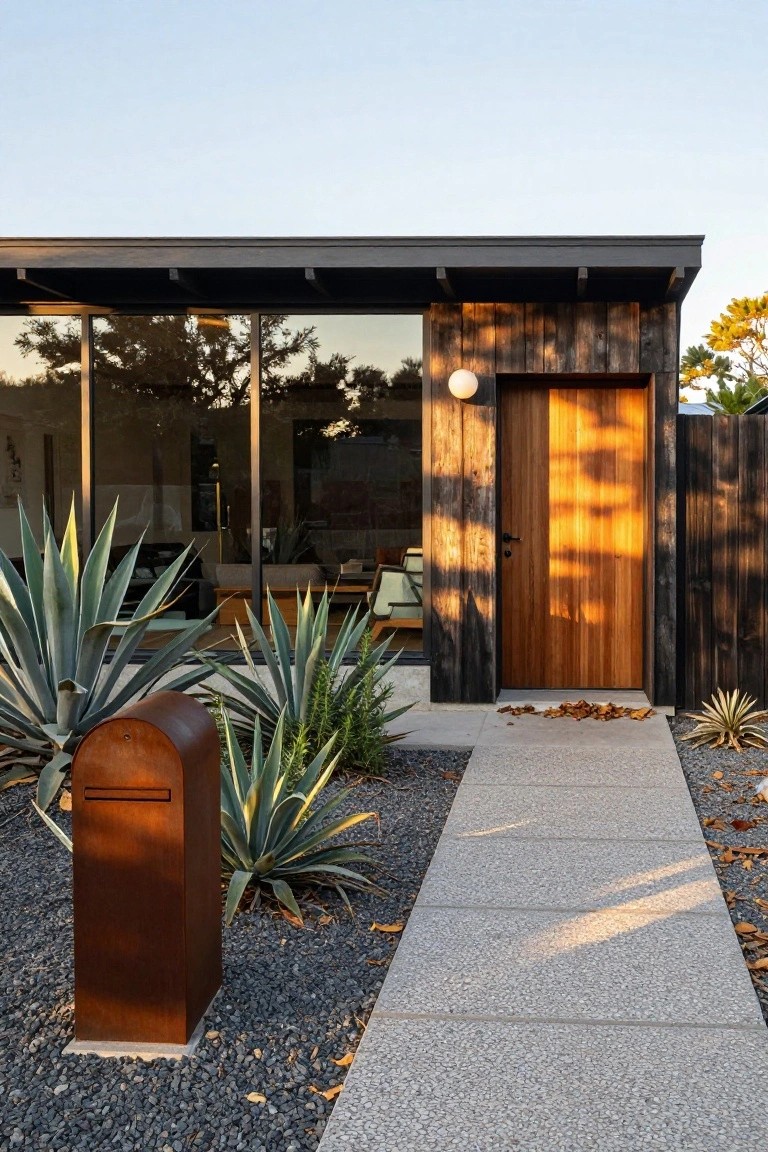 Mid-century modern house exterior with dark vertical wood cladding, tall light wooden entry door, large reflective glass wall, agave plants, rusty metal mailbox, concrete walkway, and gravel ground cover.