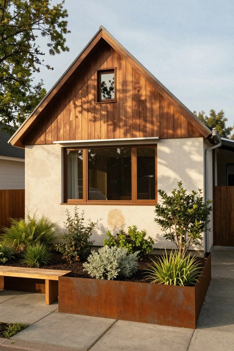 Small house with gabled roof clad in vertical dark wood boards, light beige stucco base walls, large front window, corten steel planter box with various plants, wooden bench, and concrete path.
