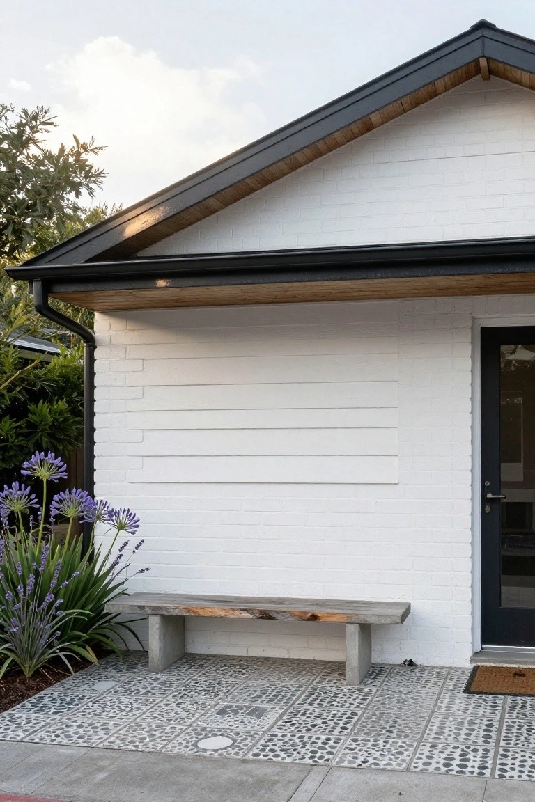 White brick exterior wall with horizontal shadow lines next to a black-framed glass entry door, a wooden bench, agapanthus plants, black downspout, and pebbled concrete tile patio area.