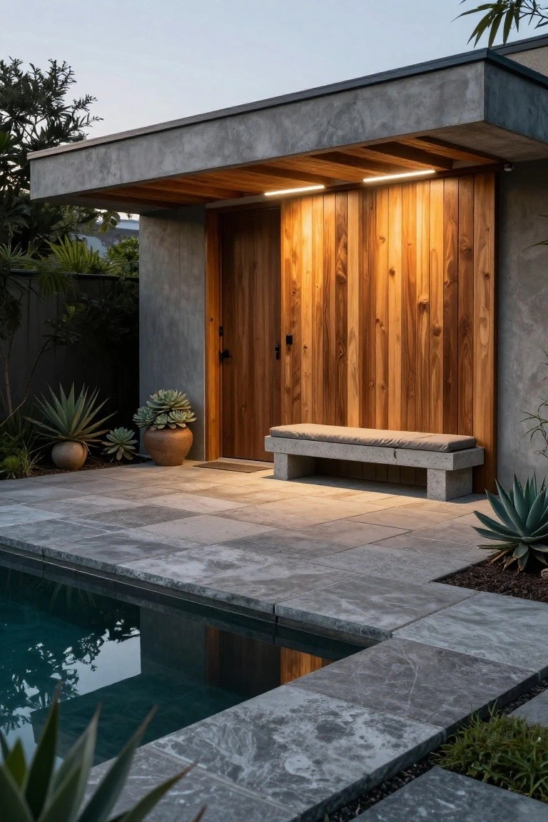 Modern house exterior with gray concrete wall and overhanging roof clad in vertical warm timber planks around a wooden door, a built-in concrete bench with cushion, potted succulents, and edge of a rectangular pool on tiled patio.