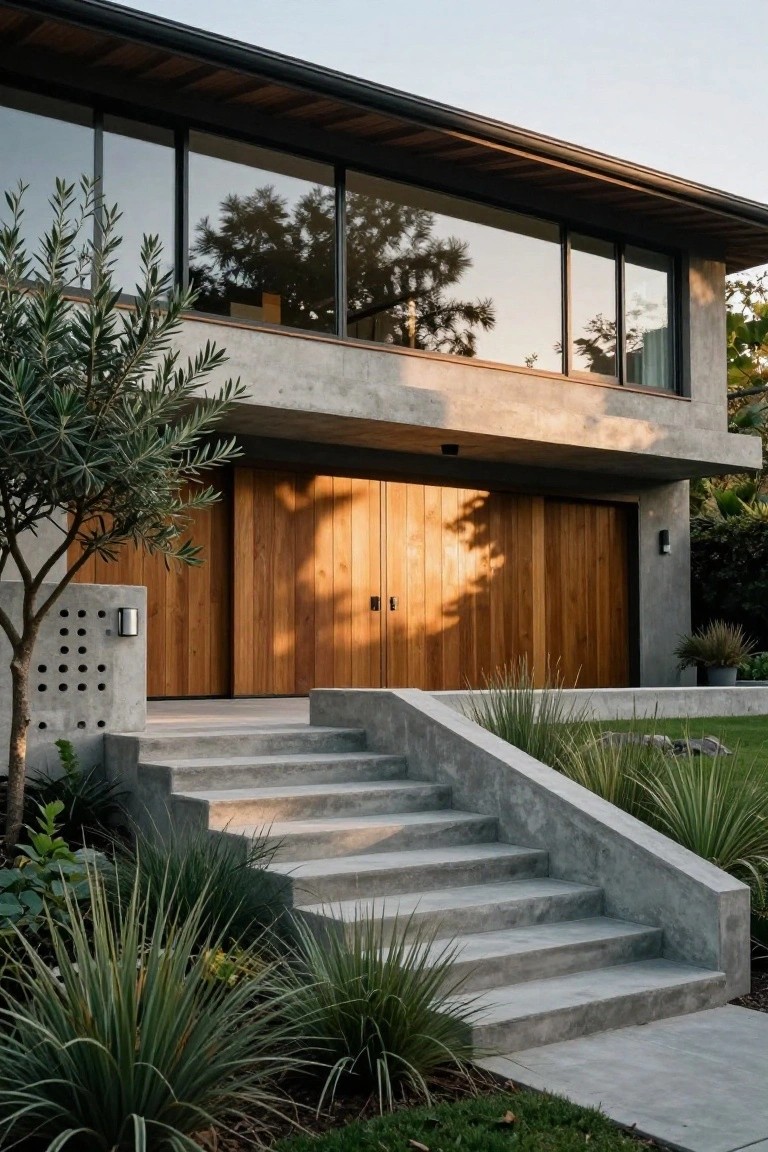 Exposed concrete house exterior with large vertical wooden garage doors, concrete entry stairs, olive tree, agave plants, and large glass windows on the upper level.