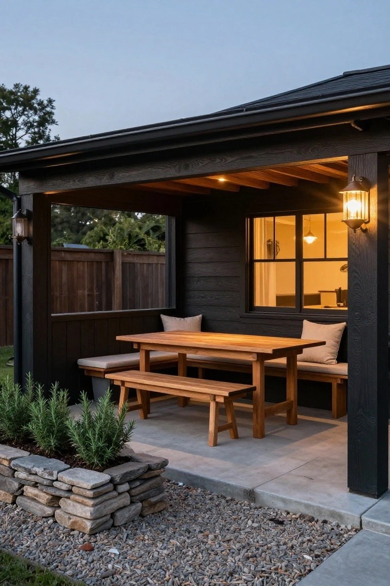 Covered outdoor porch with black wood siding and exposed beams, wooden table and integrated benches with white cushions, stone-edged planter of rosemary plants, gravel and paver patio surface, lit by hanging lanterns at dusk.