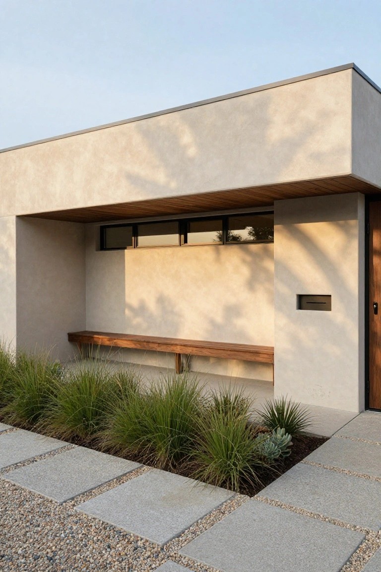Modern house facade with beige stucco walls, recessed entry under wooden overhang, built-in wooden bench, slim black-framed windows, wooden front door, and low grasses in a bed next to concrete pavers and gravel path.