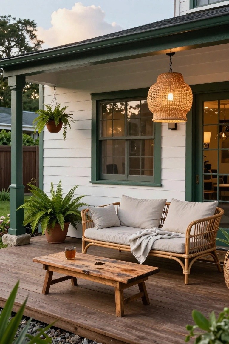 A covered wooden porch with a beige rattan loveseat with gray cushions and pillows, a low rectangular reclaimed wood coffee table holding a glass tumbler, potted ferns, a hanging basket plant, and a lit woven pendant lamp hanging from the green-trimmed eaves, next to a white house and garden.