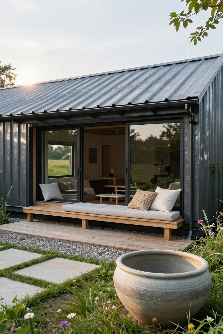 Gray corrugated metal prefab home exterior with sloped metal roof, large sliding glass doors partially open to wood-floored interior, wooden bench with white and patterned cushions outside, stone paver path, gravel area, large ceramic pot, and wildflowers in surrounding garden.