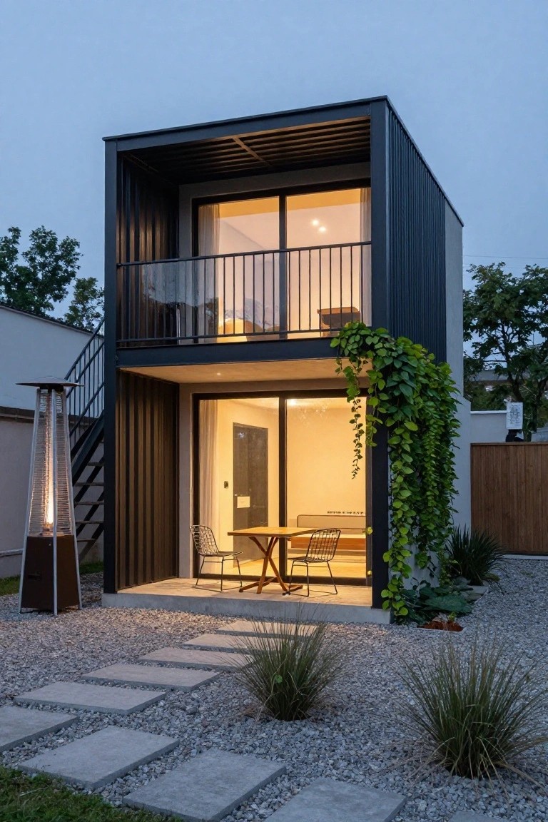Two-story modern prefab house with black corrugated metal cladding, featuring a balcony, external metal stairs, ground-level patio with table and chairs, patio heater, gravel ground cover, stepping stone path, grasses, and vines at dusk.