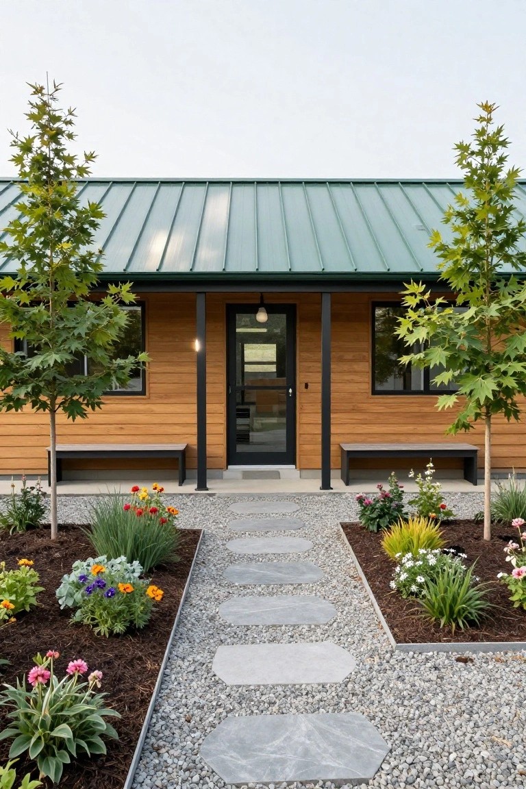 Front view of a small rectangular prefab house with vertical cedar wood siding, dark green standing-seam metal roof, black-framed windows and glass entry door, flanked by young maple trees, concrete benches on porch, gravel yard with gray stone stepping stone path and edged flower beds containing colorful annuals.