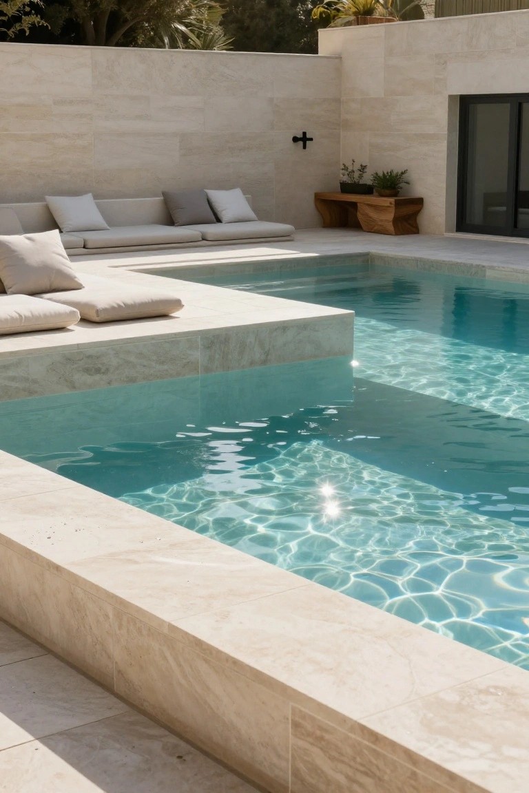 Turquoise infinity-style pool with beige travertine stone decking and walls, low beige cushions on the stone pool edge for seating, wooden bench with potted plants nearby, and glass sliding doors against the stone wall.