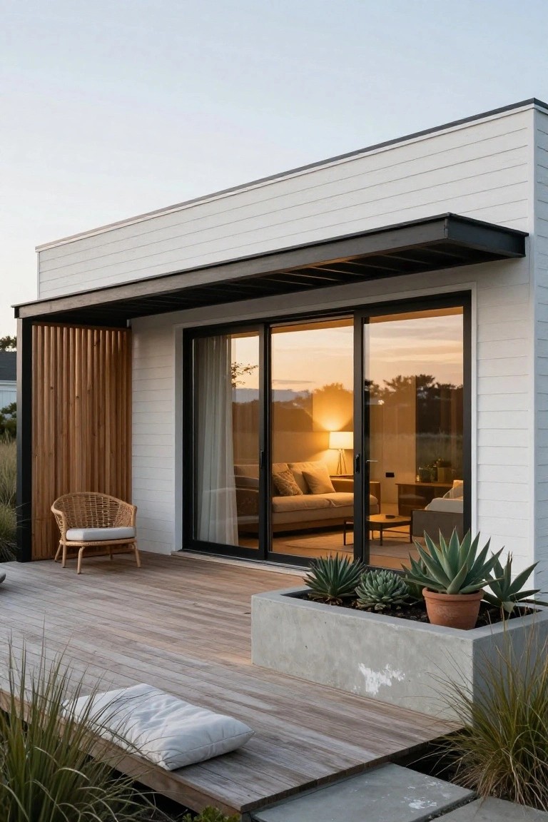 Side exterior of a white modern house with wooden deck, rattan chair with cushion, concrete planter of succulents, sliding glass doors to interior living room with sofa and lamp, surrounded by grasses at dusk.