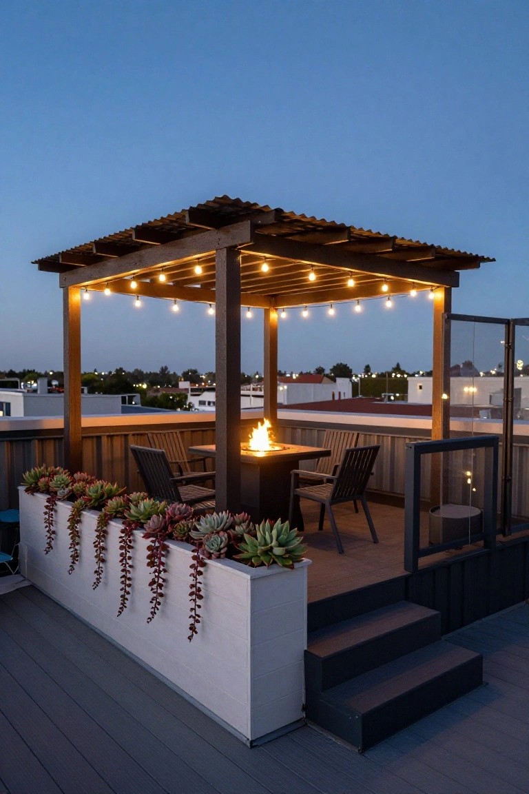 Rooftop deck with wooden pergola strung with warm string lights, central gas fire table surrounded by Adirondack chairs, white planters of succulents and trailing plants, glass railings, and city view at dusk.