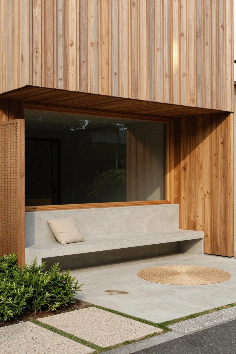 Modern house exterior featuring vertical light wood cladding, large window with built-in concrete bench and beige cushion, louvered wood screen, potted plants, seagrass rug on concrete pad, and stone pavers near the street.