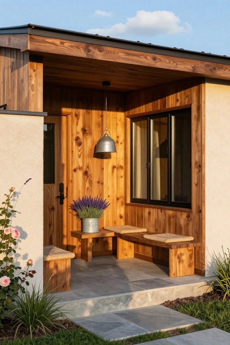 Prefab home exterior with vertical wood cladding on a covered entry porch, wooden door, triple window, hanging metal lantern, metal bucket of lavender on a wood table, built-in wood bench with rattan cushions, stone steps, and surrounding plants and grass.