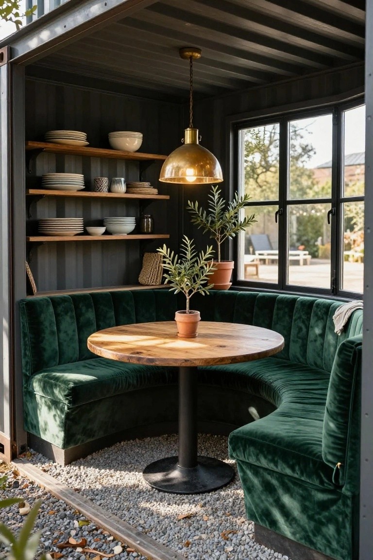 Interior view of a shipping container home with dark metal walls, a curved green velvet banquette surrounding a round oak table on a black pedestal base, wooden shelves holding white plates and bowls, a potted olive tree on the table, and large black-framed windows overlooking a garden.